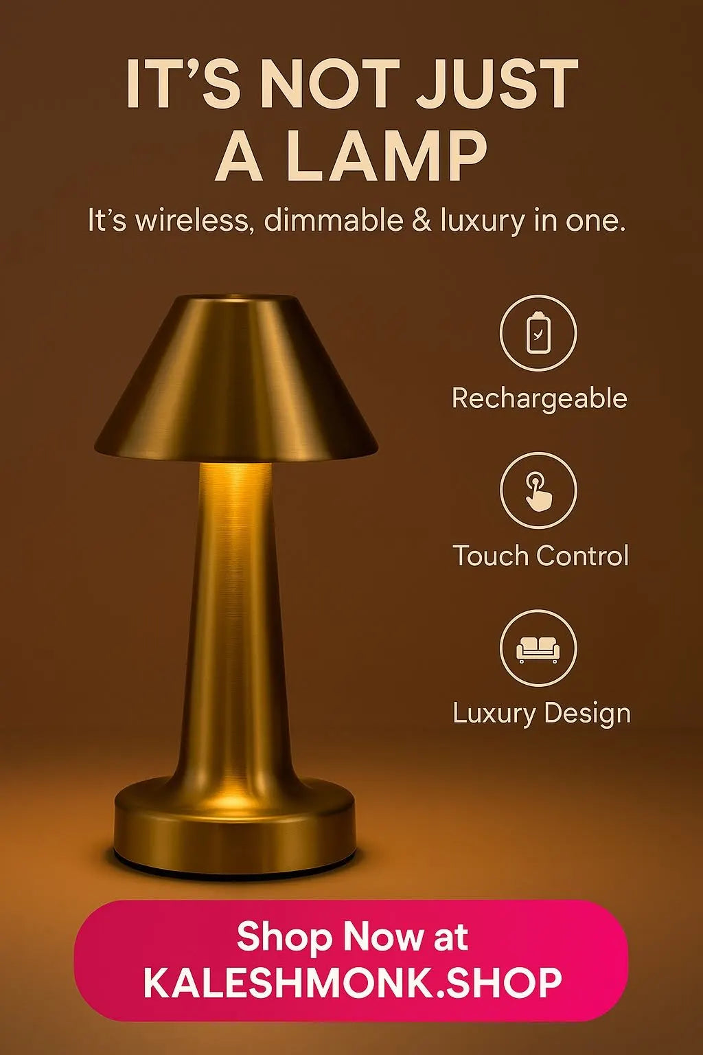 Mushroom Rechargeable LED Table Lamp – Touch Control, Cordless, Dimmable Desk & Bedside Light with Brushed Metal Finish - Kalesh Monk