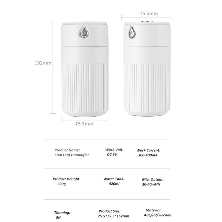 Cool Leaf Humidifier – 420ml Aroma Diffuser with LED Light | USB Portable Essential Oil Diffuser & Cool Mist Purifier for Bedroom & Home
