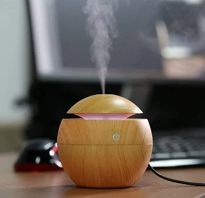 Dark Wood Grain Humidifier – USB Aroma Diffuser with Cool Mist & LED Light | Essential Oil Air Purifier for Bedroom, Office & Home Decor