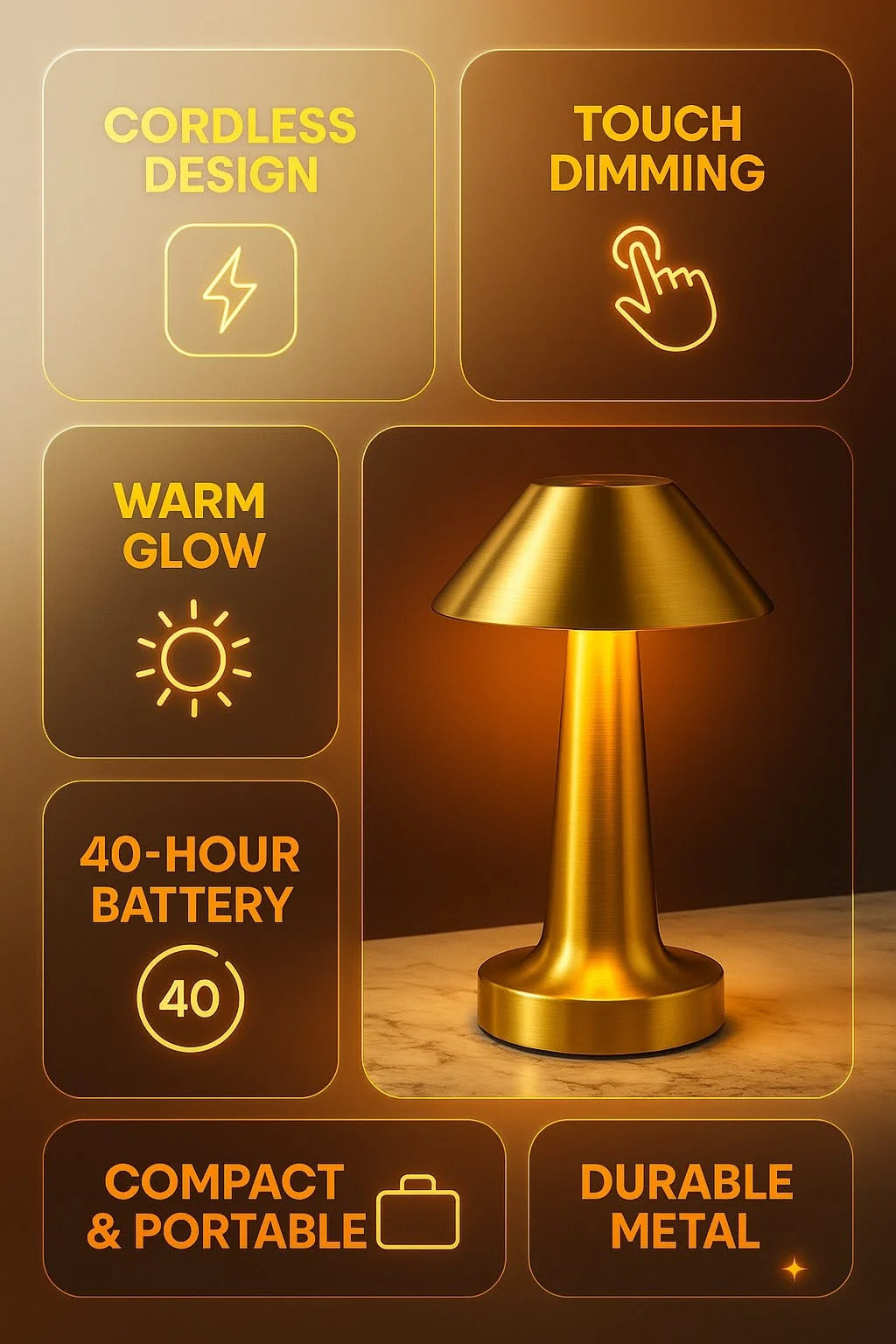 Mushroom Rechargeable LED Table Lamp – Touch Control, Cordless, Dimmable Desk & Bedside Light with Brushed Metal Finish - Kalesh Monk