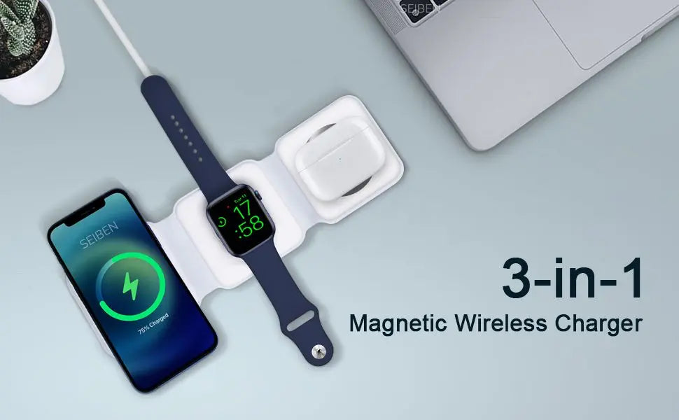 Magnetic Folding Mag-Safe Compatible with iPhone 16 to 12 Series | Compatible with only Apple Watch Series | AirPods 2, 3, Pro | 23W Charging | Wireless Charger - Pearl White - Kalesh Monk