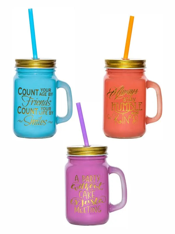 Colorful Mason Jar Glasses – Set of 3 | 350ml Retro Drinking Jars with Lids & Straws for Mocktails, Cocktails, Juices & Party Vibes