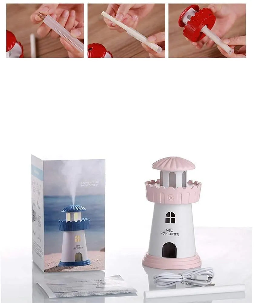 Lighthouse Humidifier – USB Aroma Diffuser with LED Beacon Light | Cool Mist Air Purifier for Bedroom, Home & Office Decor