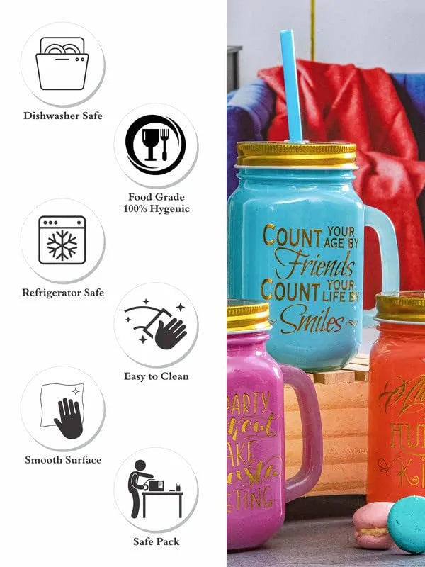 Colorful Mason Jar Glasses – Set of 3 | 350ml Retro Drinking Jars with Lids & Straws for Mocktails, Cocktails, Juices & Party Vibes