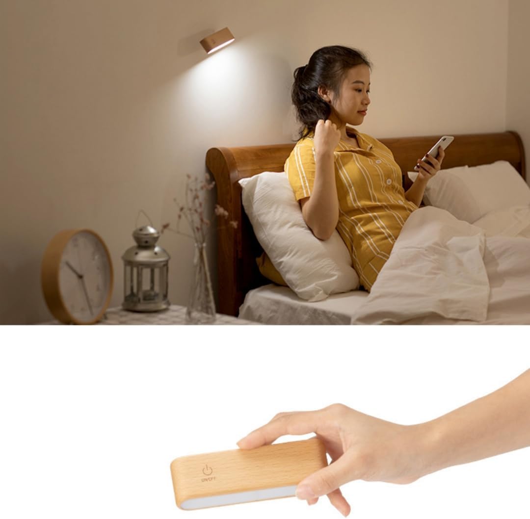 360-Degree Rotating Solid Wood Magnetic Charging Desk Lamp, No Drilling Required, Detachable, Reading Light for Bed Headboard
