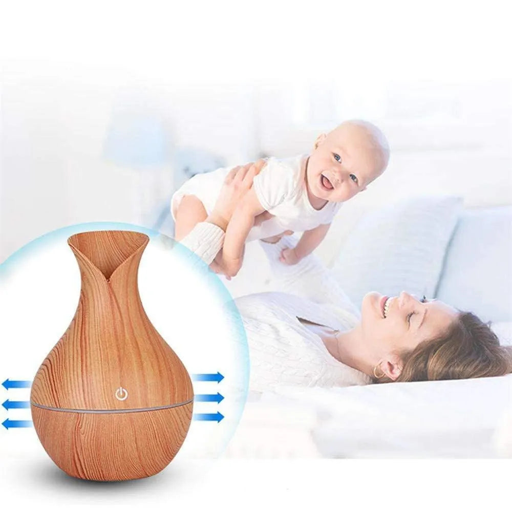Wood Grain Aroma Humidifier – USB Cool Mist Diffuser with LED Light | Portable Essential Oil Air Purifier for Bedroom, Office & Home Decor
