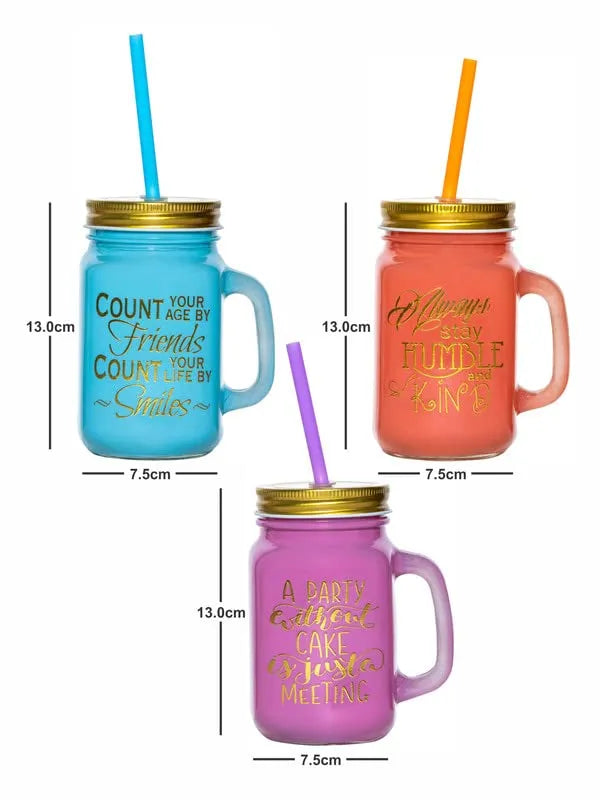Colorful Mason Jar Glasses – Set of 3 | 350ml Retro Drinking Jars with Lids & Straws for Mocktails, Cocktails, Juices & Party Vibes