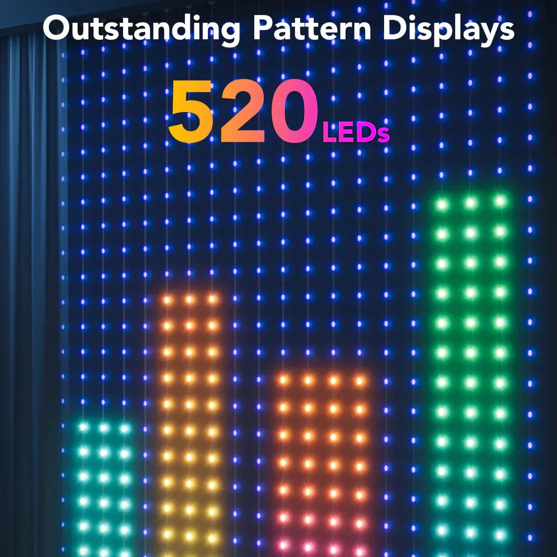 Smart 400 LED Curtain Lights - Bluetooth, Music Sync, Custom Patterns & Text, RGB Colors