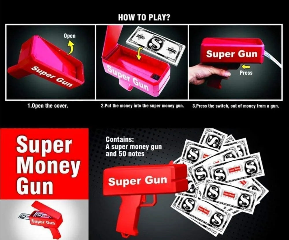 Supreme Style Money Gun – Cash Blaster Toy with Fake Dollar Bills | Ultimate Party Prop for Weddings, Birthdays, Bachelor Nights & Celebrations