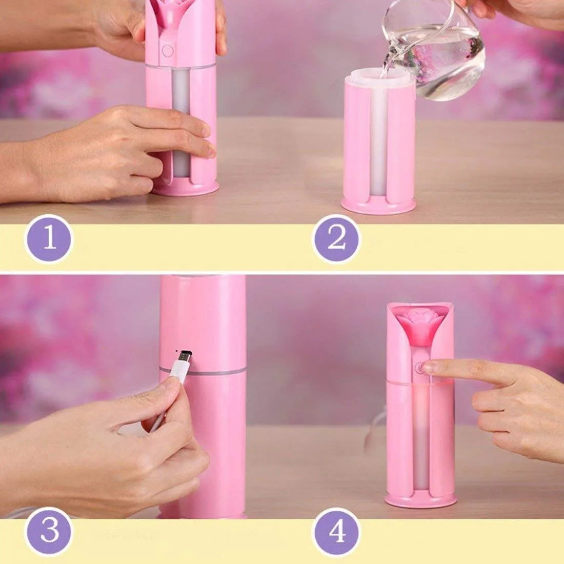 Rose Flower Humidifier – USB Cool Mist Aroma Diffuser with LED Light | Romantic Air Purifier for Bedroom, Office & Gifting