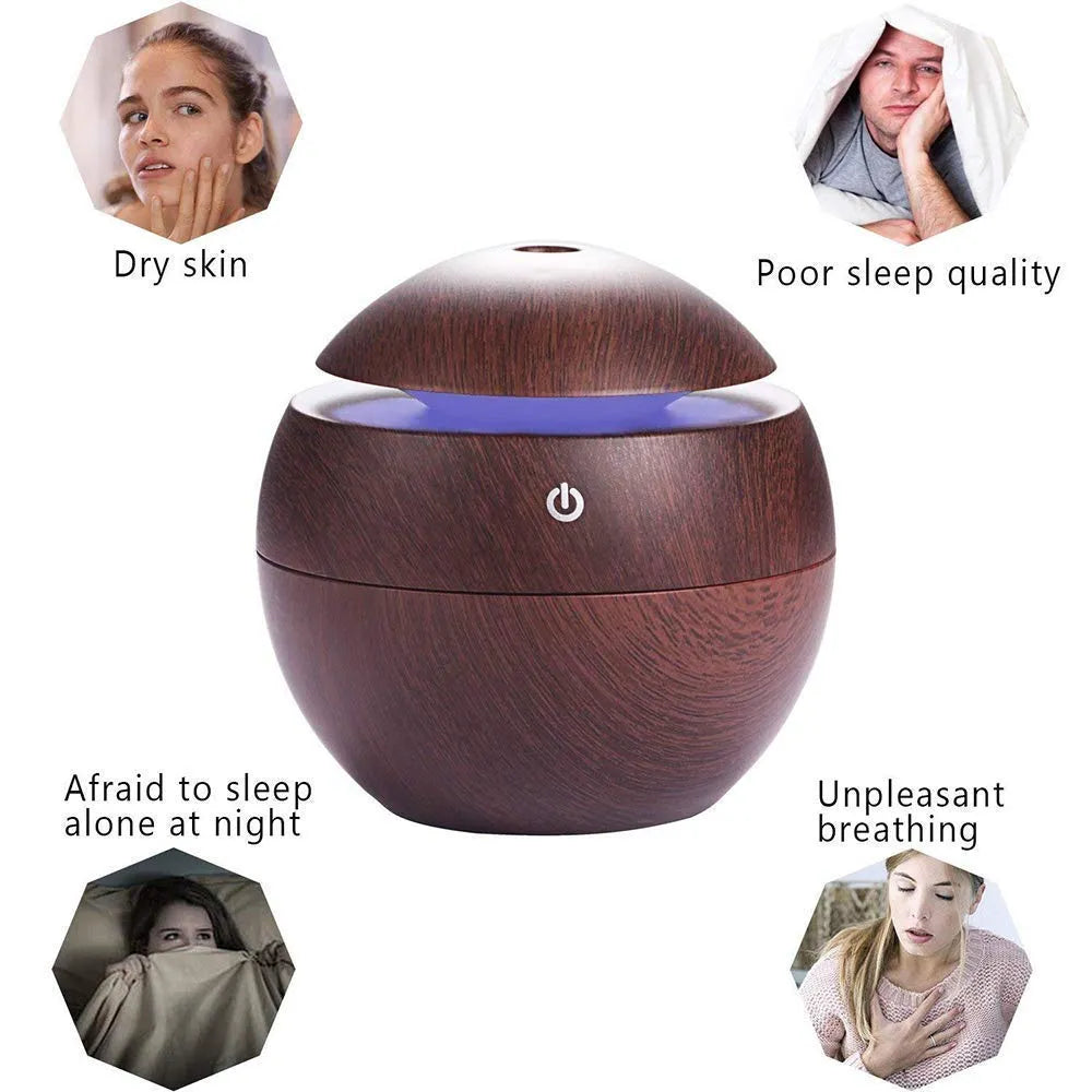 Dark Wood Grain Humidifier – USB Aroma Diffuser with Cool Mist & LED Light | Essential Oil Air Purifier for Bedroom, Office & Home Decor