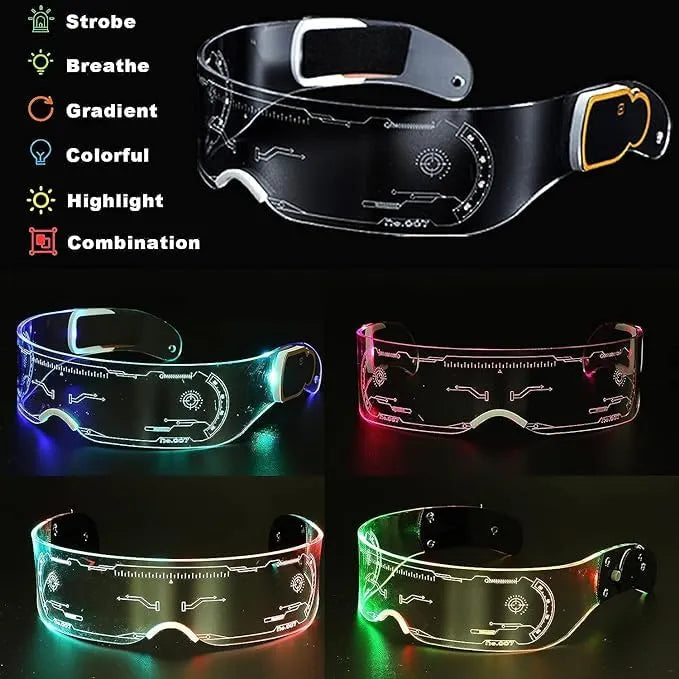 Luminous LED Futuristic Goggles for Party & Cosplay – Rechargeable Light Up Glasses for Rave, Festival, Halloween & Night Events