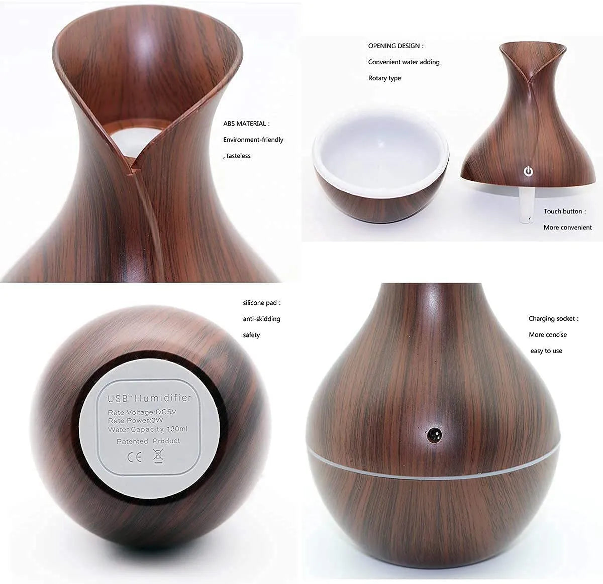 Wood Grain Aroma Humidifier – USB Cool Mist Diffuser with LED Light | Portable Essential Oil Air Purifier for Bedroom, Office & Home Decor