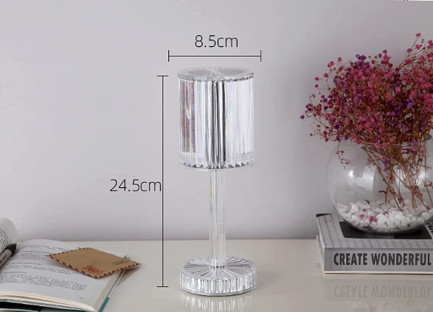 Crystal Touch Table Lamp – Cordless & Rechargeable | Dimmable LED Night Light with Diamond Cut Glass Body for Romantic Vibes, Party Decor & Bedroom Glow