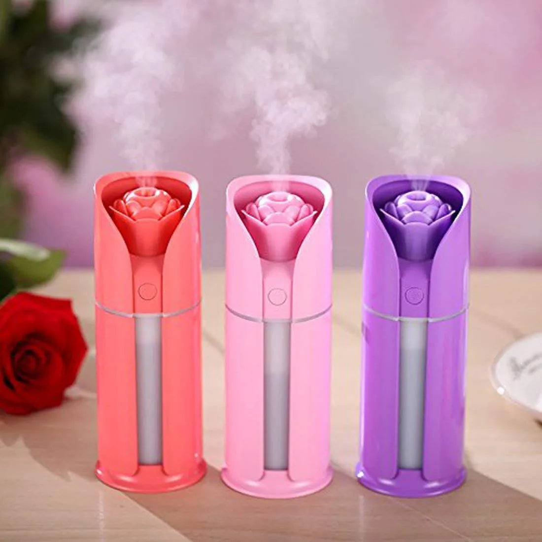 Rose Flower Humidifier – USB Cool Mist Aroma Diffuser with LED Light | Romantic Air Purifier for Bedroom, Office & Gifting