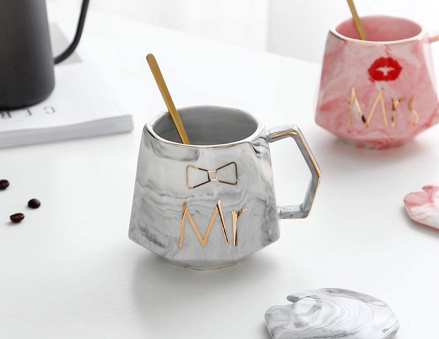 Mr and Mrs Couples Ceramic Coffee Mug Set with Box (350 ml, Grey, Pink)