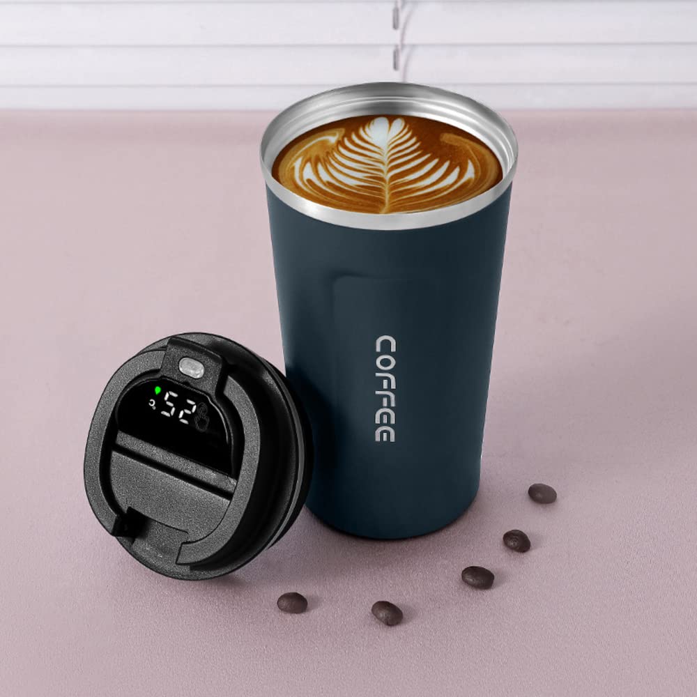 Temperature Display Indicator Sipper Vacuum Insulated Stainless Steel Tea Coffee Mug Thermos Flask Travel Mug - Tumbler with Flip Lid Mesh Filter Hot & Cold for 3 Hours - Kalesh Monk