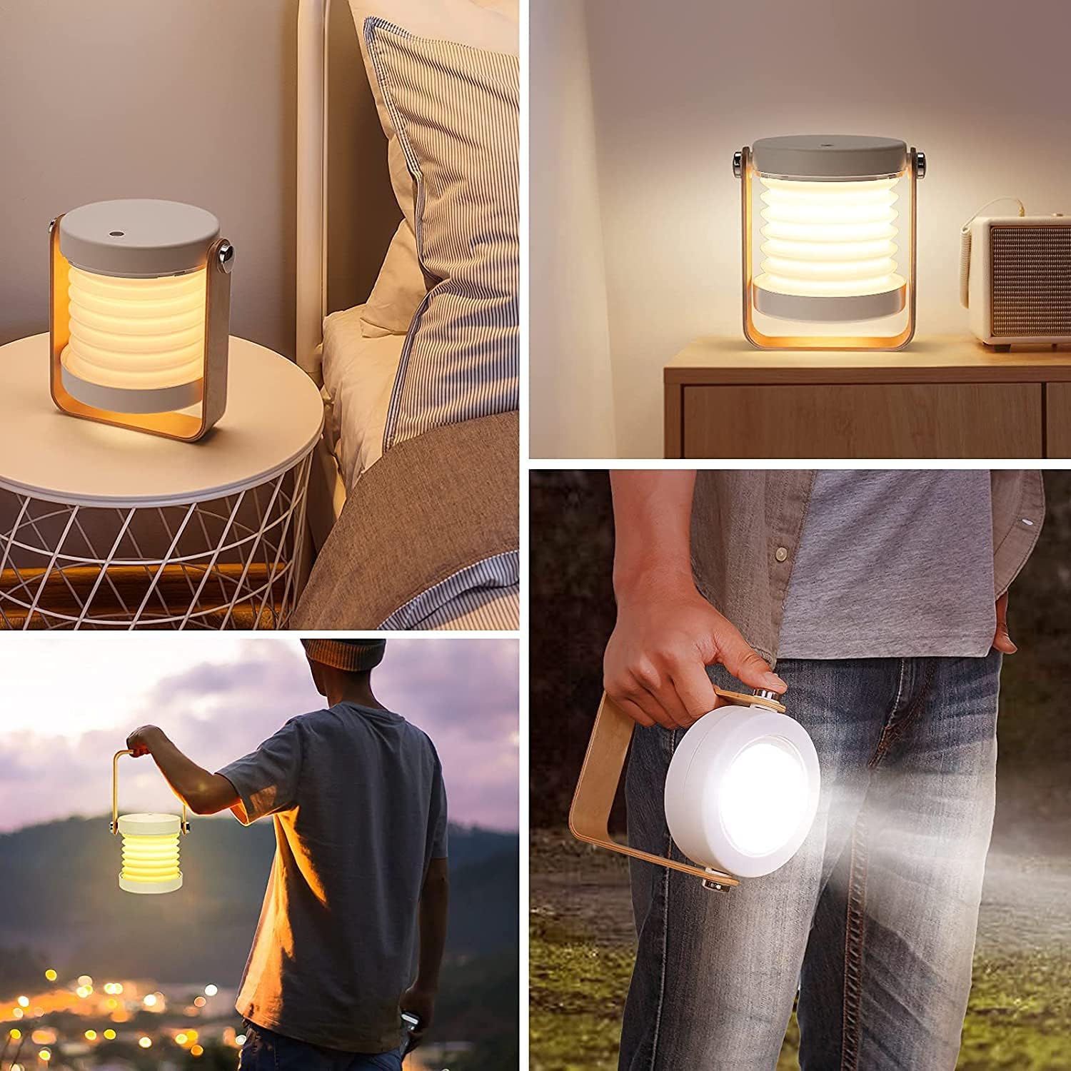 4-in-1 Foldable Table Lamp, USB Rechargeable LED Light, Wooden Handle Portable Lantern Light and Flashlight