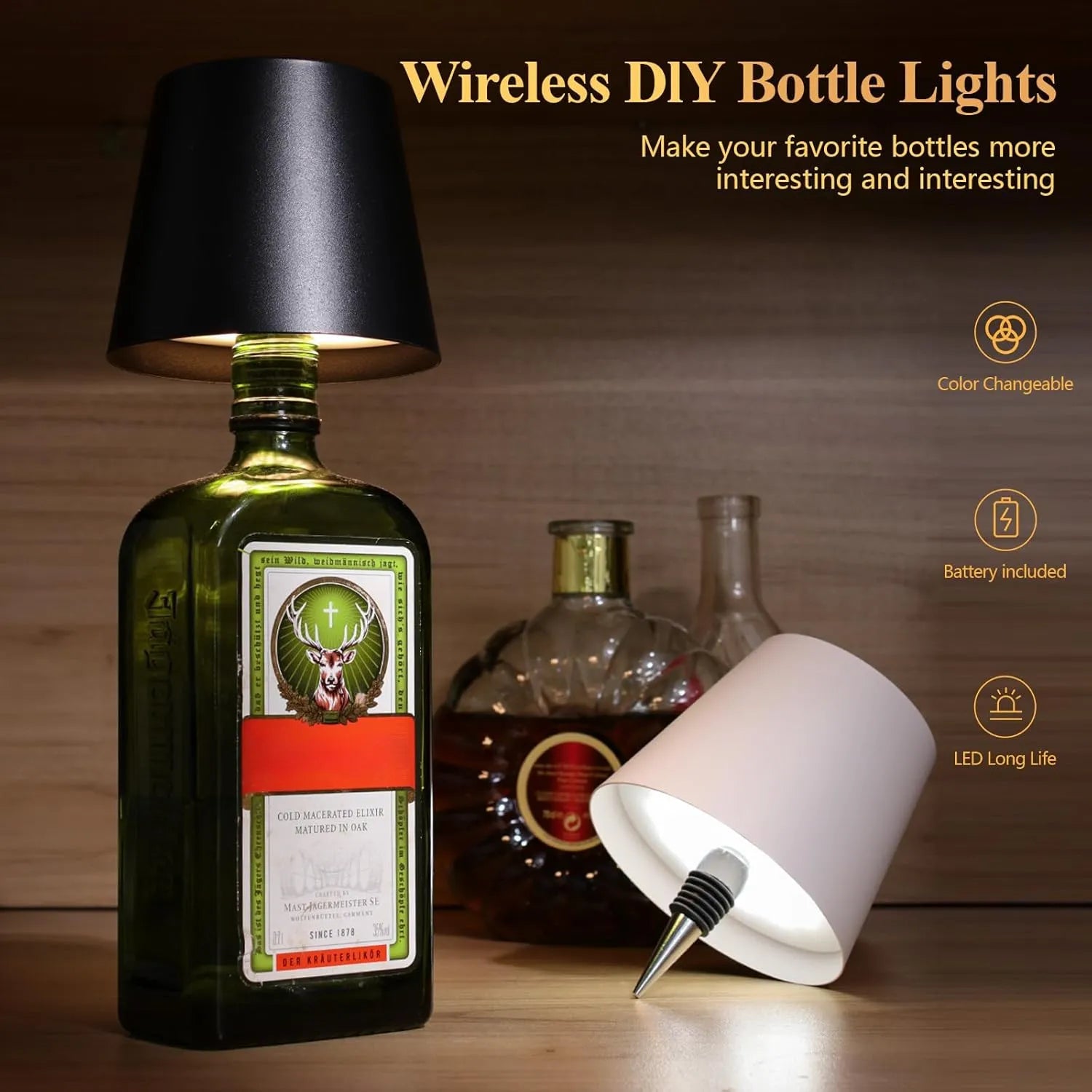 Wireless Bottle Lamp, New 3 Color Rechargeable Wine Bottle Lights, Bottle Lamp Shade with Touch Dimming for Bedroom, Bar, Restaurants and Outdoor Use (Black)