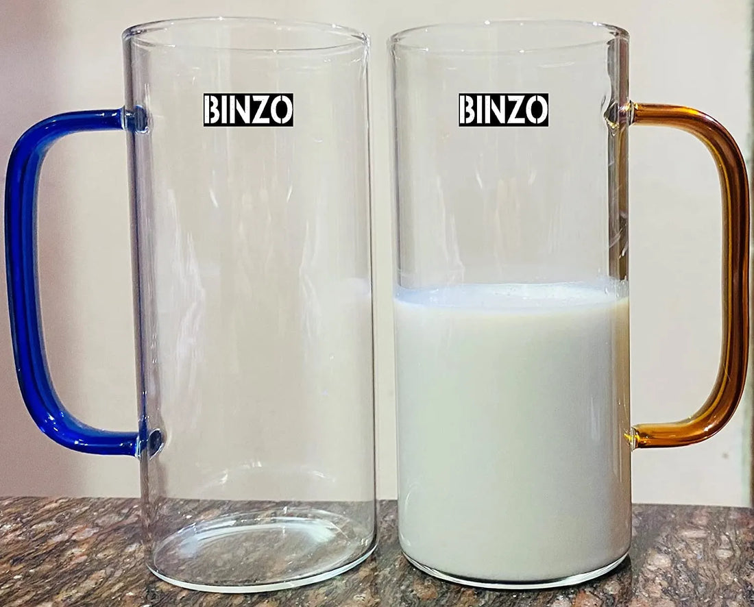 Glass Mug with Colorful Handle – Pack of 2 (380ml) | Aesthetic Borosilicate Coffee & Juice Mugs for Home, Café, Party Vibes