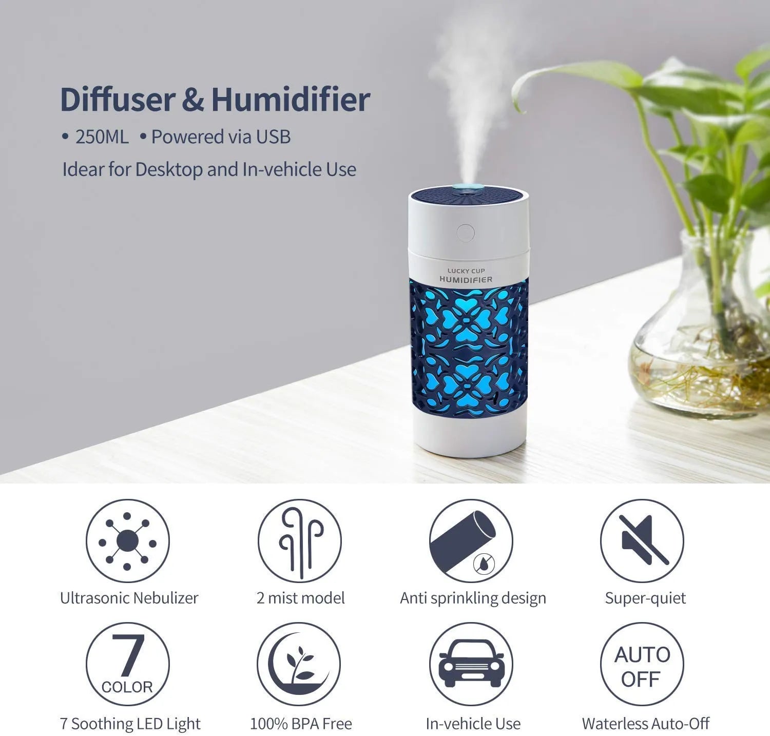 Magic Cup Humidifier – USB Portable Cool Mist Diffuser with LED Light | Mini Aroma Air Purifier for Desk, Car & Home Decor
