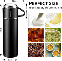 Water Bottle Thermos Flasks, Stainless Steel, Leak-Proof Thermos 500 ml with 2 Cups (Black)