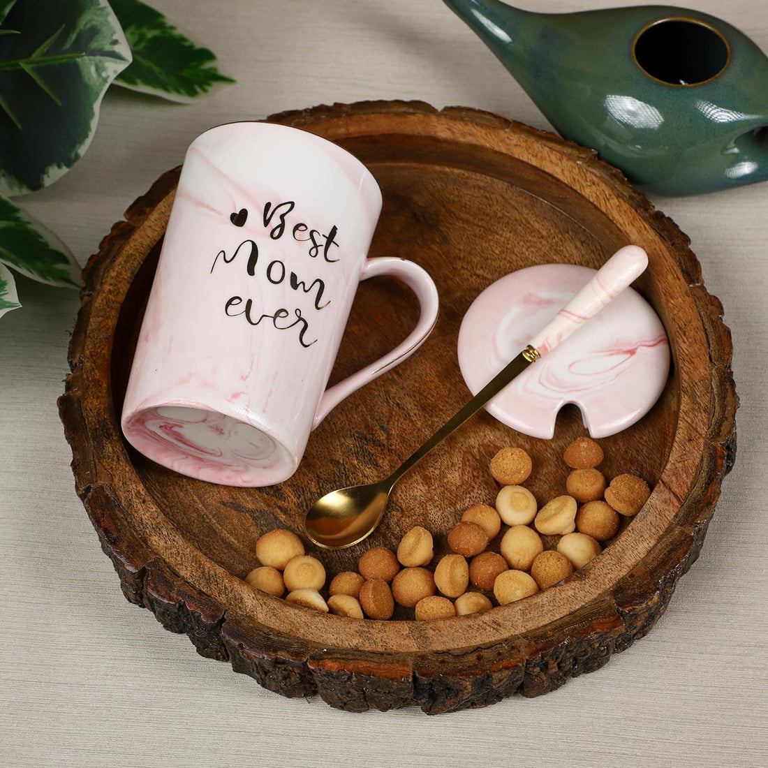 Coffee Mug, Coffee Mug with Lid, Birthday Gift for Mom, Ceramic Coffee Mug with Spoon, Gift for Mom Special with Gift Box, Diwali Gifts - Pink