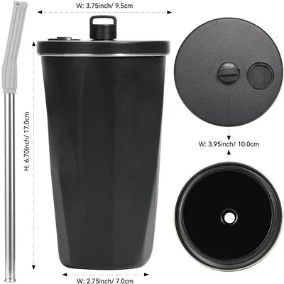 Stainless Steel Coffee Mug with Lid, 600 ml Thermal Mug with Straw, Tea Cup, Travel Mug, Double-Walled Insulated Leak-Proof Coffee to Go Mug - Kalesh Monk