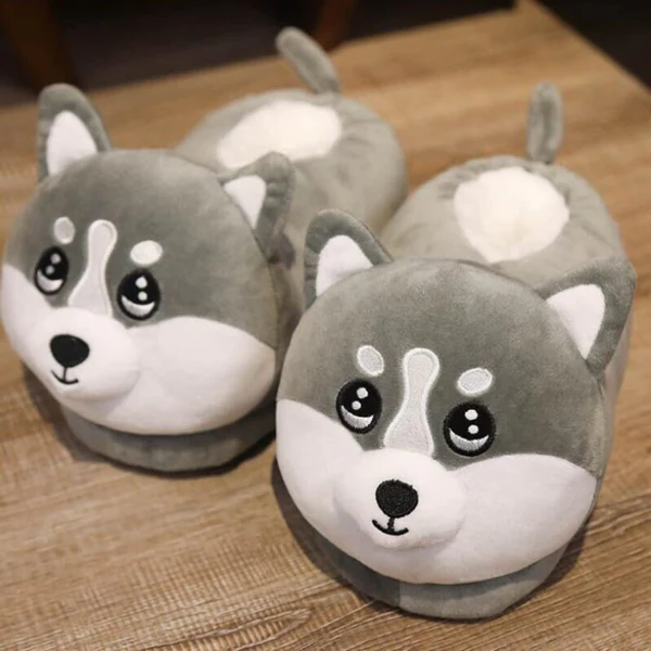 Husky Slippers Plush Lining Non Slip Winter House Slippers for Couples Christmas Gift (Universal Size)