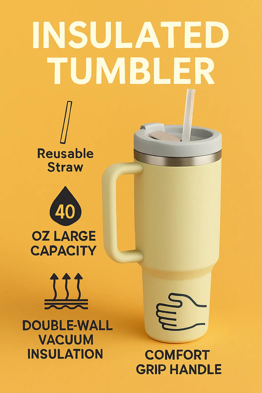 1180ml Stainless Steel Insulated Tumbler with Handle & Straw – Big Mood Mug for Coffee, Water, Iced Drinks | Leak-Proof, BPA-Free, Travel-Ready & Desk-Approved – Sip Hot, Sip Cold, Stay Kalesh