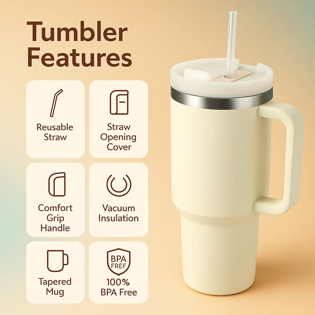 1180ml Stainless Steel Insulated Tumbler with Handle & Straw – Big Mood Mug for Coffee, Water, Iced Drinks | Leak-Proof, BPA-Free, Travel-Ready & Desk-Approved – Sip Hot, Sip Cold, Stay Kalesh