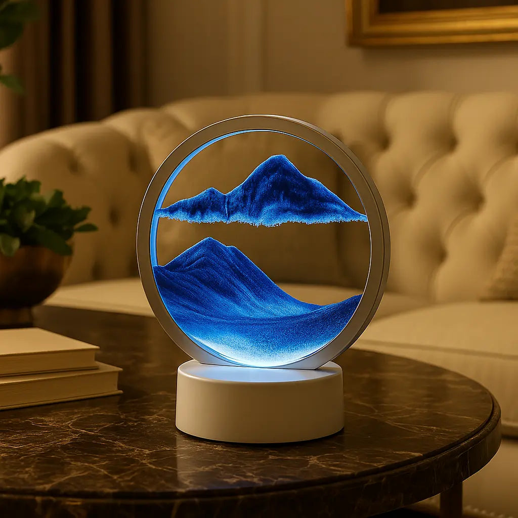 Blue Mountain Flowing Sand Art Sand Art Table Lamp – 360° Moving Quicksand Decor with Dimmable LED Light & 7 Modes | Soothing Bedside & Desk Lamp Gift - Kalesh Monk