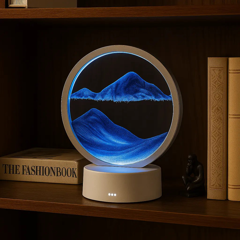 Blue Mountain Flowing Sand Art Sand Art Table Lamp – 360° Moving Quicksand Decor with Dimmable LED Light & 7 Modes | Soothing Bedside & Desk Lamp Gift - Kalesh Monk