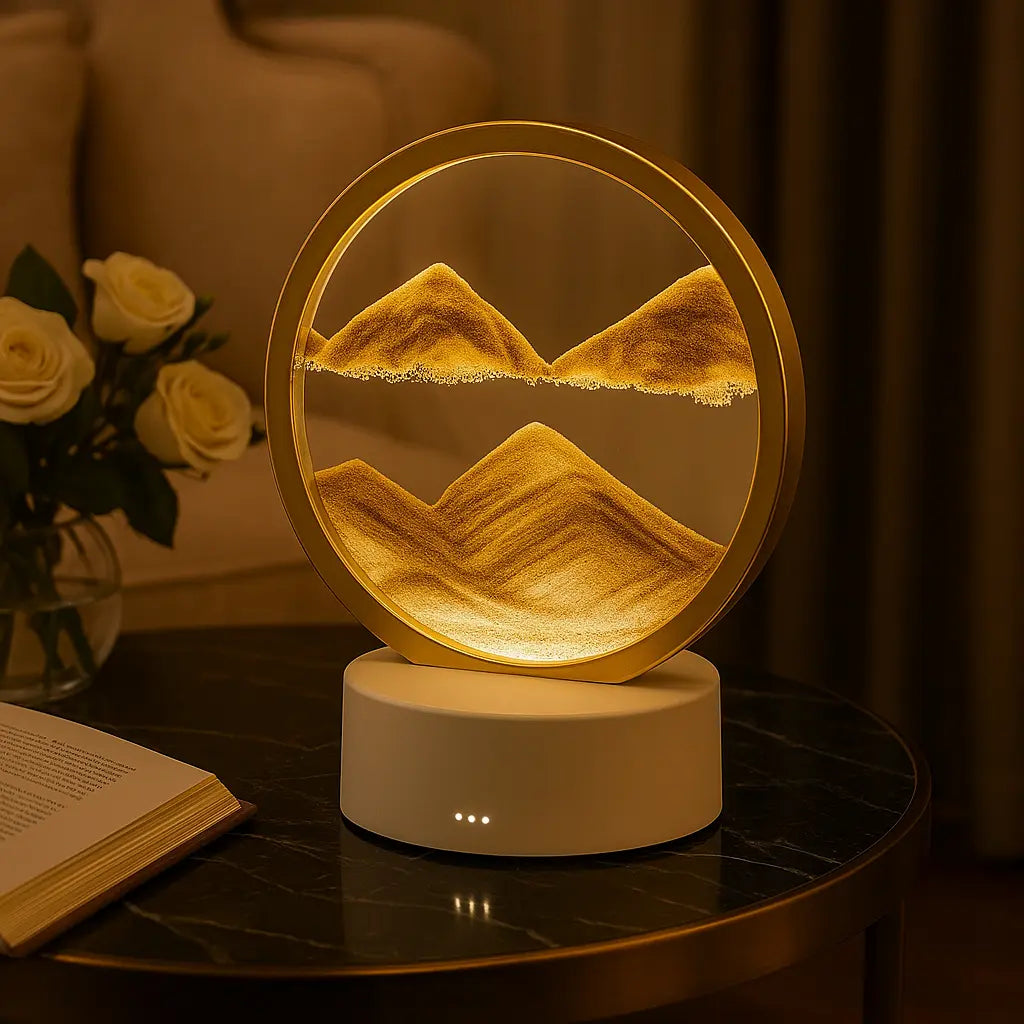 Blue Mountain Flowing Sand Art Sand Art Table Lamp – 360° Moving Quicksand Decor with Dimmable LED Light & 7 Modes | Soothing Bedside & Desk Lamp Gift - Kalesh Monk
