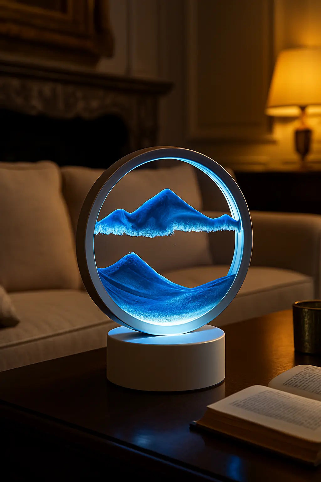 Blue Mountain Flowing Sand Art Sand Art Table Lamp – 360° Moving Quicksand Decor with Dimmable LED Light & 7 Modes | Soothing Bedside & Desk Lamp Gift - Kalesh Monk