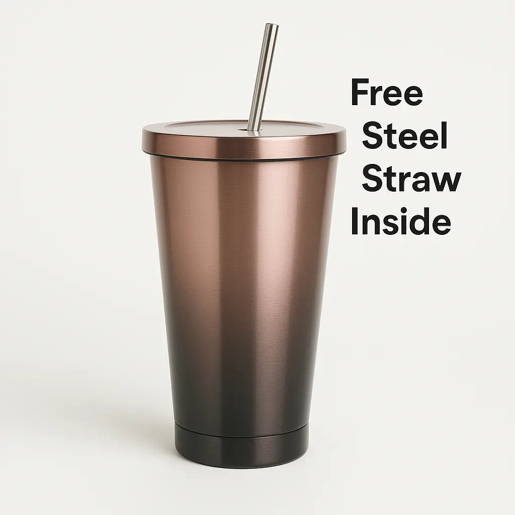 Double Wall Vacuum Insulated Tumbler with Steel Straw & Lid – Leakproof, Travel-Friendly, 500ml - Kalesh Monk