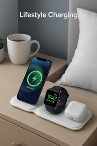 Magnetic Folding Mag-Safe Compatible with iPhone 16 to 12 Series | Compatible with only Apple Watch Series | AirPods 2, 3, Pro | 23W Charging | Wireless Charger - Pearl White - Kalesh Monk