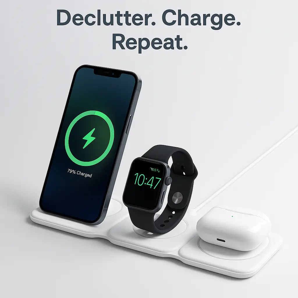 Magnetic Folding Mag-Safe Compatible with iPhone 16 to 12 Series | Compatible with only Apple Watch Series | AirPods 2, 3, Pro | 23W Charging | Wireless Charger - Pearl White - Kalesh Monk