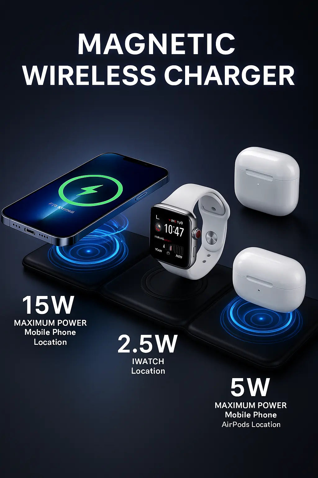 Magnetic Folding Mag-Safe Compatible with iPhone 16 to 12 Series | Compatible with only Apple Watch Series | AirPods 2, 3, Pro | 23W Charging | Wireless Charger - Pearl White - Kalesh Monk