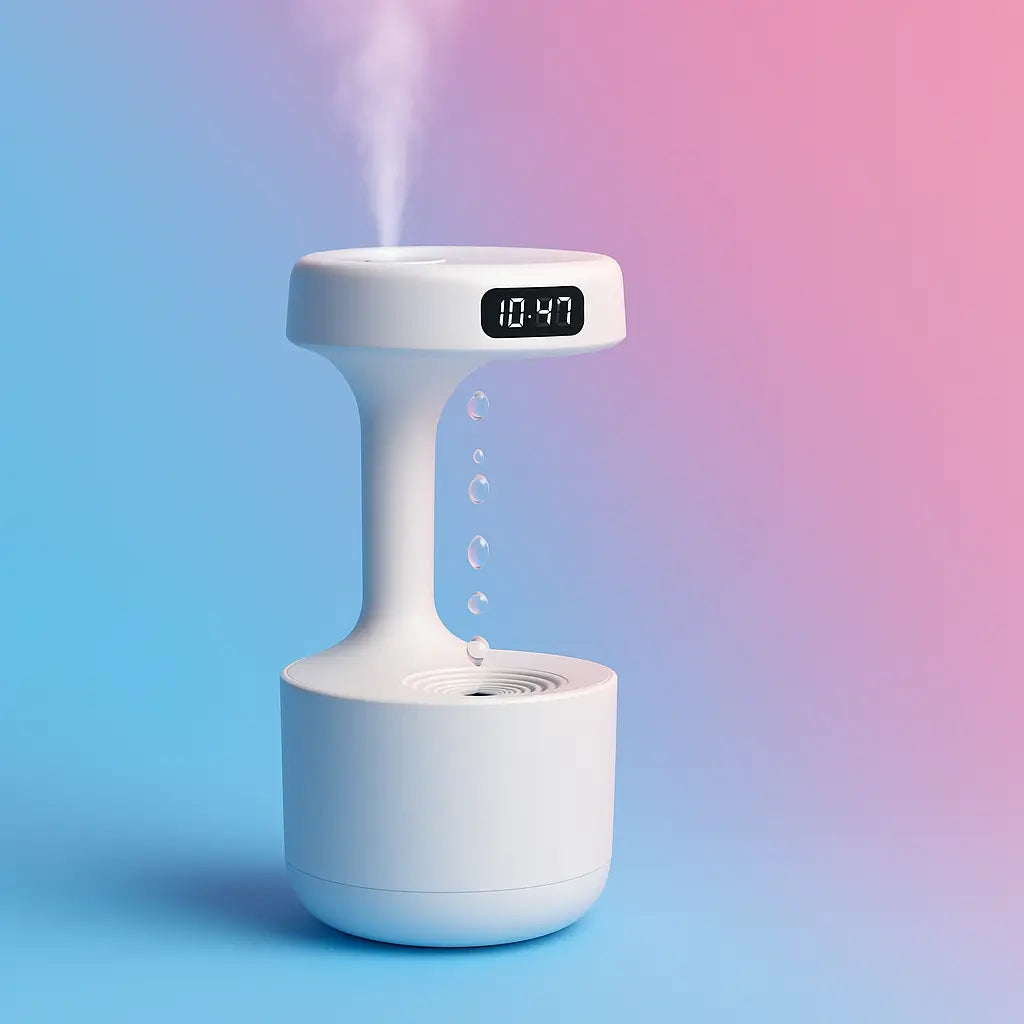 Anti-Gravity Water Droplet Humidifier with LED Clock | 800ml Cool Mist Ultrasonic Air Purifier for Bedroom, Desk & Home Decor – Type-C Powered & Silent Operation - Kalesh Monk