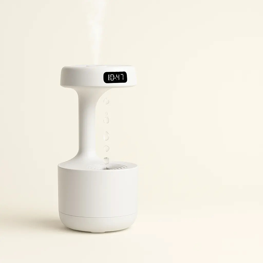 Anti-Gravity Water Droplet Humidifier with LED Clock | 800ml Cool Mist Ultrasonic Air Purifier for Bedroom, Desk & Home Decor – Type-C Powered & Silent Operation - Kalesh Monk