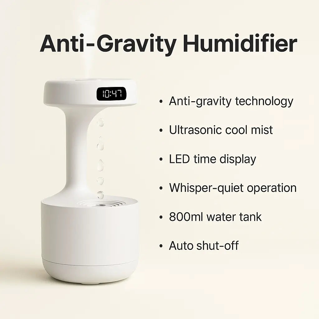 Anti-Gravity Water Droplet Humidifier with LED Clock | 800ml Cool Mist Ultrasonic Air Purifier for Bedroom, Desk & Home Decor – Type-C Powered & Silent Operation - Kalesh Monk