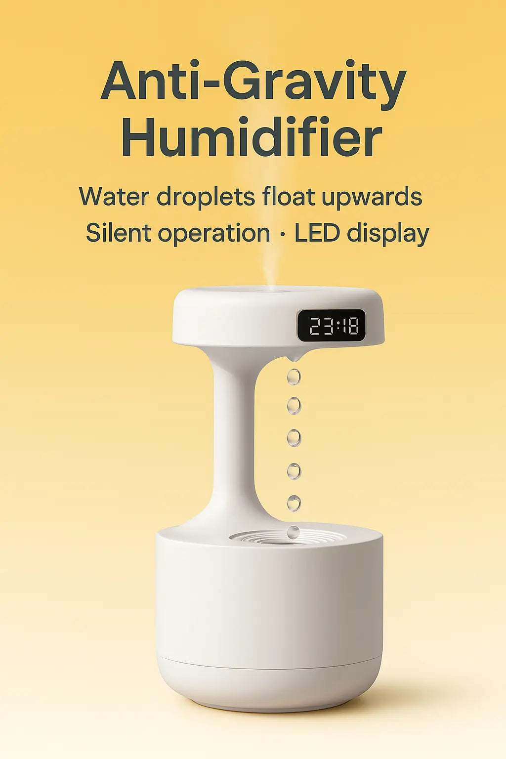 Anti-Gravity Water Droplet Humidifier with LED Clock | 800ml Cool Mist Ultrasonic Air Purifier for Bedroom, Desk & Home Decor – Type-C Powered & Silent Operation - Kalesh Monk