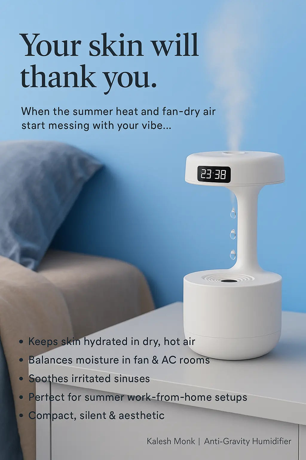 Anti-Gravity Water Droplet Humidifier with LED Clock | 800ml Cool Mist Ultrasonic Air Purifier for Bedroom, Desk & Home Decor – Type-C Powered & Silent Operation - Kalesh Monk