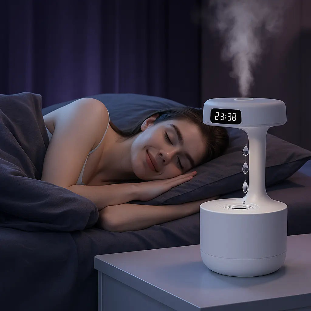 Anti-Gravity Water Droplet Humidifier with LED Clock | 800ml Cool Mist Ultrasonic Air Purifier for Bedroom, Desk & Home Decor – Type-C Powered & Silent Operation - Kalesh Monk