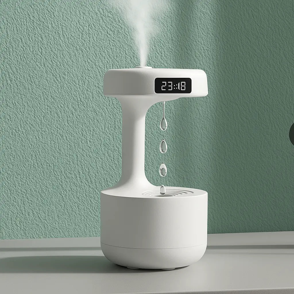 Anti-Gravity Water Droplet Humidifier with LED Clock | 800ml Cool Mist Ultrasonic Air Purifier for Bedroom, Desk & Home Decor – Type-C Powered & Silent Operation - Kalesh Monk