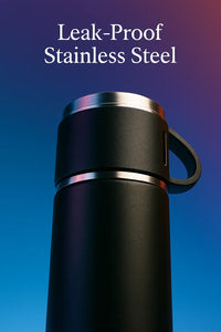Kalesh Monk 500ml Stainless Steel Thermos Flask – Vacuum Insulated, Double Wall, Leak-Proof Travel Bottle with 2 Cups | Hot & Cold Flask for Office, Gym, School, Home – Bliss Black - Kalesh Monk