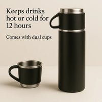 Kalesh Monk 500ml Stainless Steel Thermos Flask – Vacuum Insulated, Double Wall, Leak-Proof Travel Bottle with 2 Cups | Hot & Cold Flask for Office, Gym, School, Home – Bliss Black - Kalesh Monk