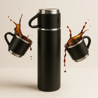 Kalesh Monk 500ml Stainless Steel Thermos Flask – Vacuum Insulated, Double Wall, Leak-Proof Travel Bottle with 2 Cups | Hot & Cold Flask for Office, Gym, School, Home – Bliss Black - Kalesh Monk