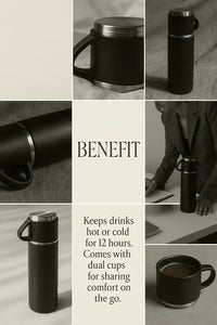 Kalesh Monk 500ml Stainless Steel Thermos Flask – Vacuum Insulated, Double Wall, Leak-Proof Travel Bottle with 2 Cups | Hot & Cold Flask for Office, Gym, School, Home – Bliss Black - Kalesh Monk